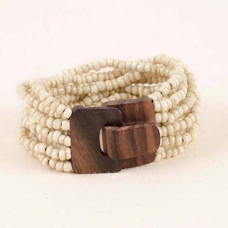 Bali Glass Beads Bracelet with Mini Wood Buckle: Black
