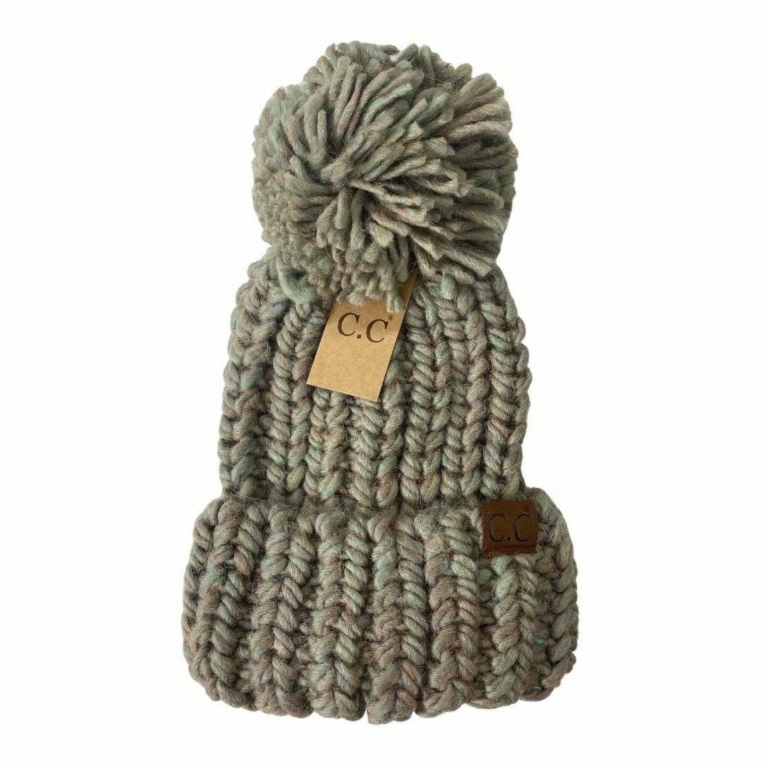 CC Chunky Knit Yarn Pom Beanie Taupe Mix