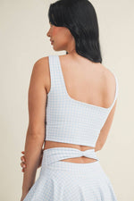 Gingham Print Crop Tank with Lace Trim: Blue Gingham / S