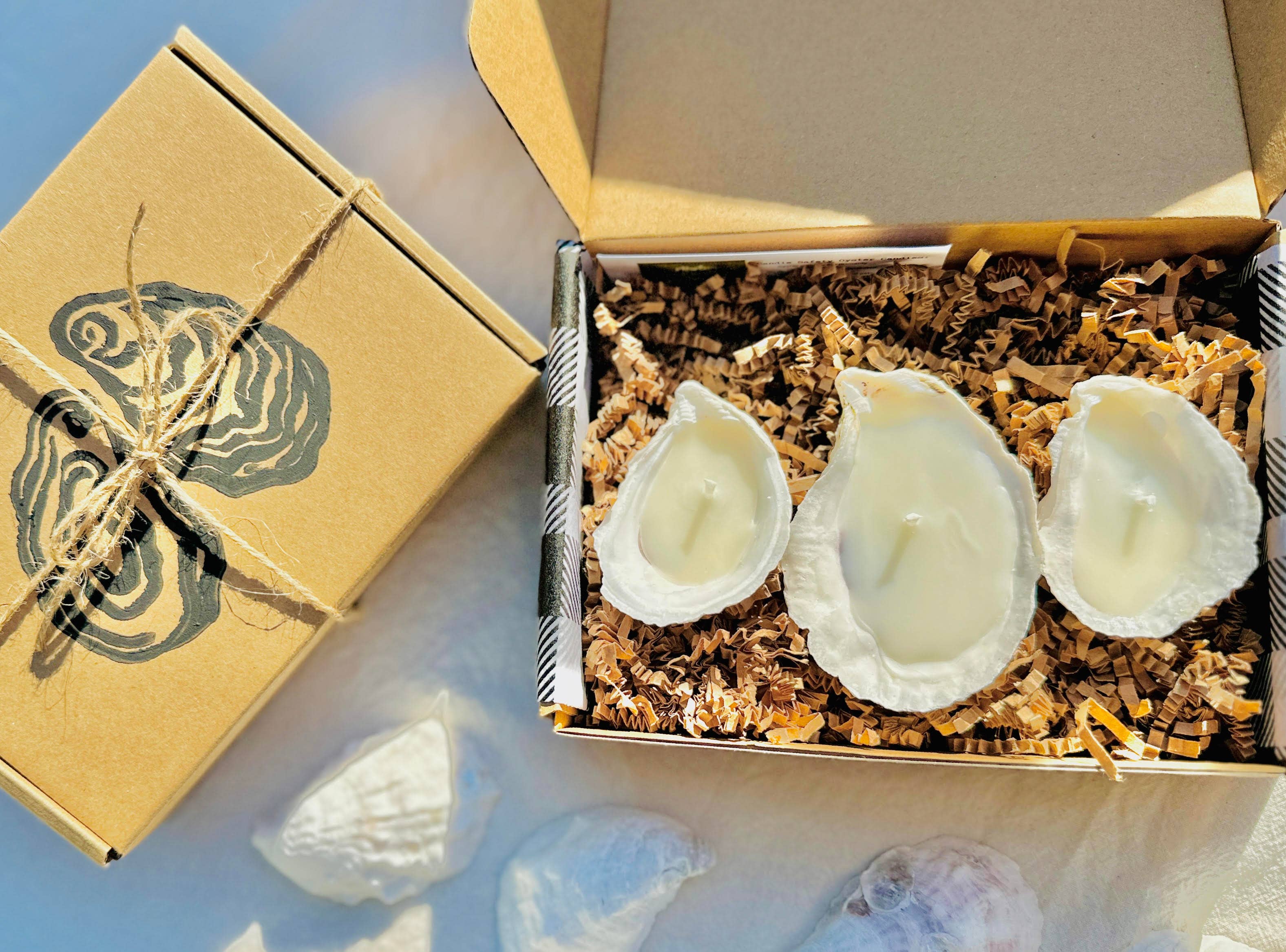 Oyster Gift Set of 3 Candles ~ Coastal : Wrapped w/ Bow / 3 / Midnight Tide