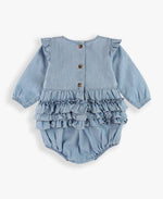 Baby Girls Light Wash Denim Long Sleeve Flutter Bubble Romper: Blue / 12-18m