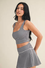 Gingham Print Crop Tank with Lace Trim: Blue Gingham / S