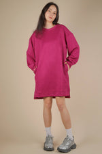 Round Neck Oversized Comfy Long Sleeve Mini Dress: MAGENTA