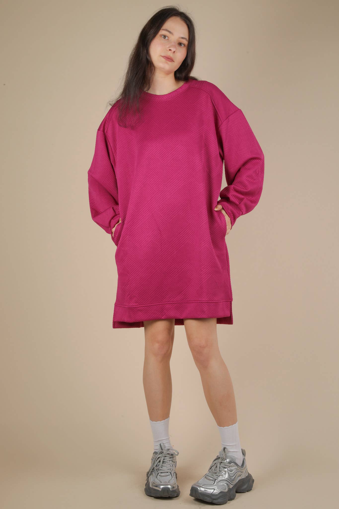 Round Neck Oversized Comfy Long Sleeve Mini Dress: MAGENTA