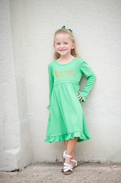 SALE Long Sleeve Dress with Tie - GREEN: 2T