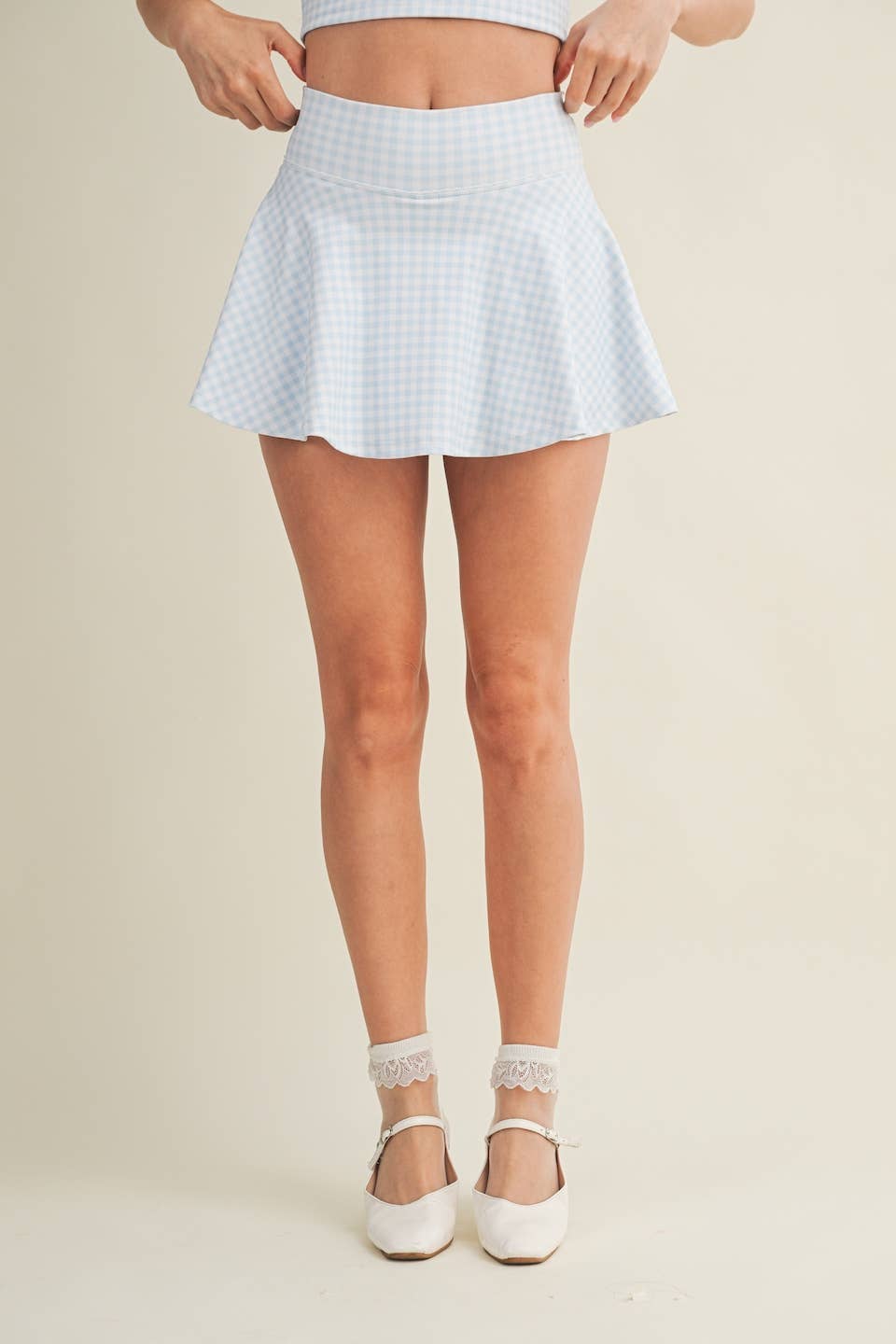 Gingham Print Mini Circle Skort with Bow Back and Lace Trim: Blue Gingham / L