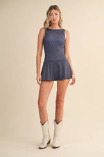 Polka Dot Print A-Line Mini Dress with Drop Waist: Navy Polka Dot / M