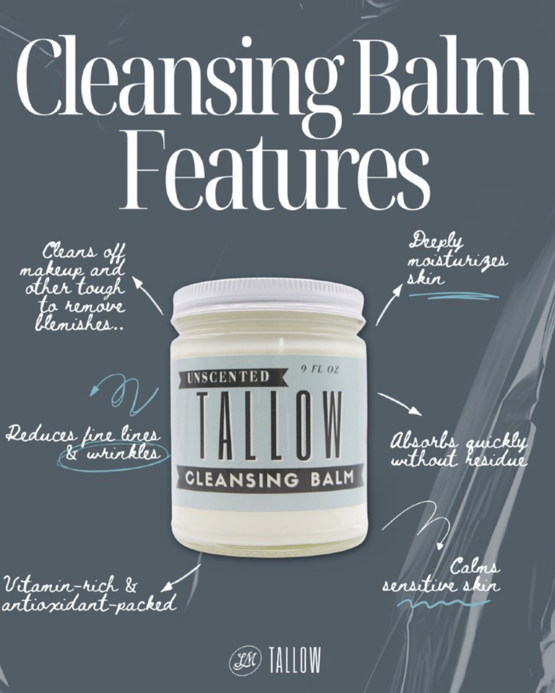 Unscented Tallow Cleansing Balm | Natural Makeup Remover & Deep Moisturizing Cleanser | Grass-Fed Beef Tallow with Castor Oil: 9oz