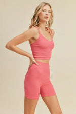 Pink Ribbed Seamless Sweetheart Crop Tank Set: Pink / M