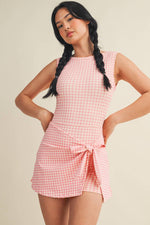 Gingham Print Sleeveless Wrap Tie Front Dress : Pink Gingham / S