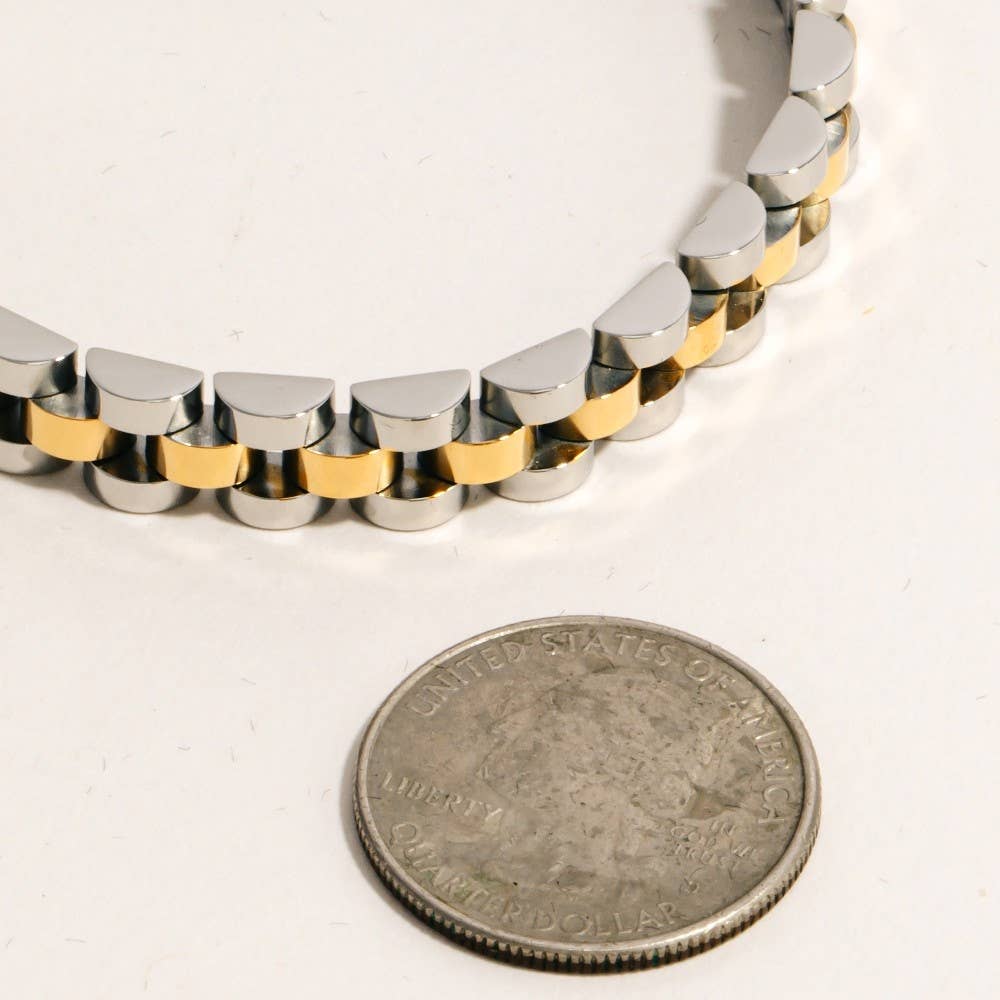 Two Tone Mixed Metal Rounded Watch Chain Bracelet