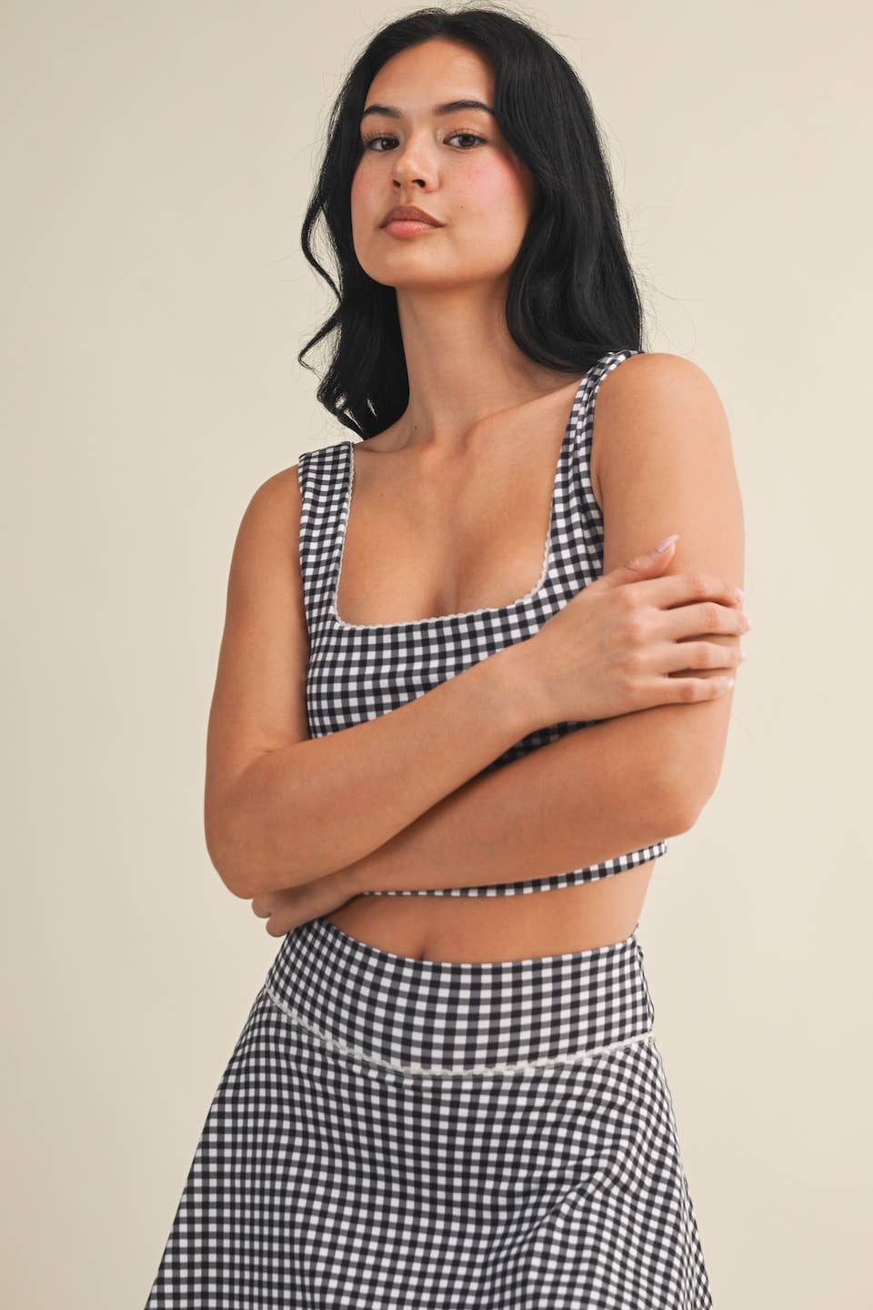 Gingham Print Crop Tank with Lace Trim: Blue Gingham / L
