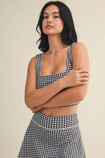 Gingham Print Crop Tank with Lace Trim: Blue Gingham / S