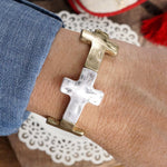Hammered Sideways Cross Bracelet in Worn Silver Gold Tone Boho Style: Worn Silver and Gold Tones