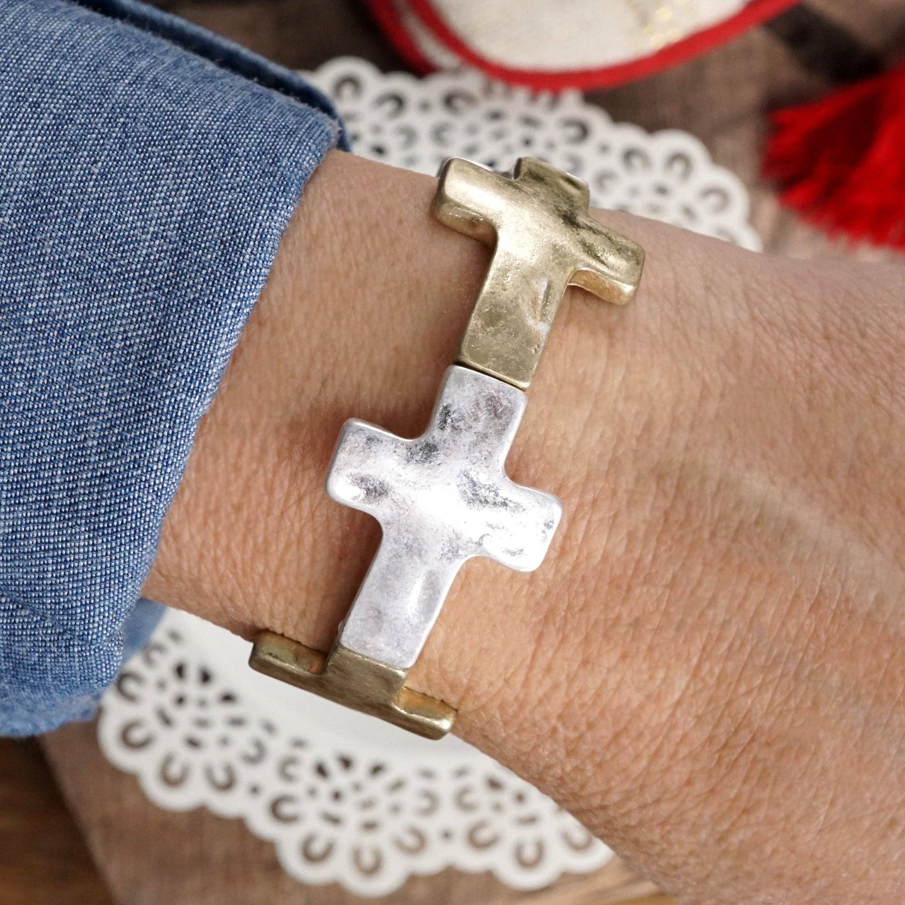 Hammered Sideways Cross Bracelet in Worn Silver Gold Tone Boho Style: Worn Silver and Gold Tones