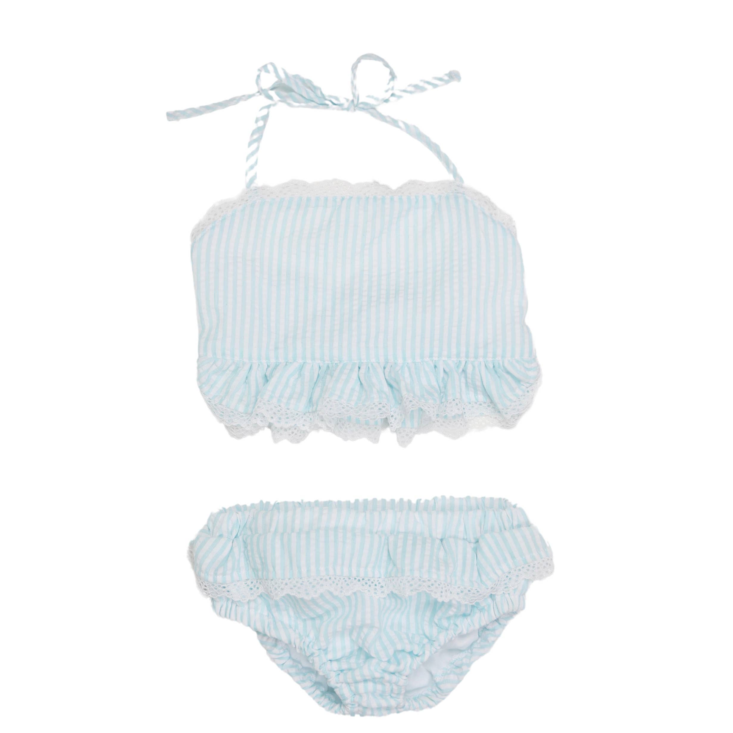 Seersucker Lace Trimmed Bikini - Aqua: 12m