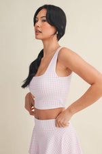 Gingham Print Crop Tank with Lace Trim: Blue Gingham / S
