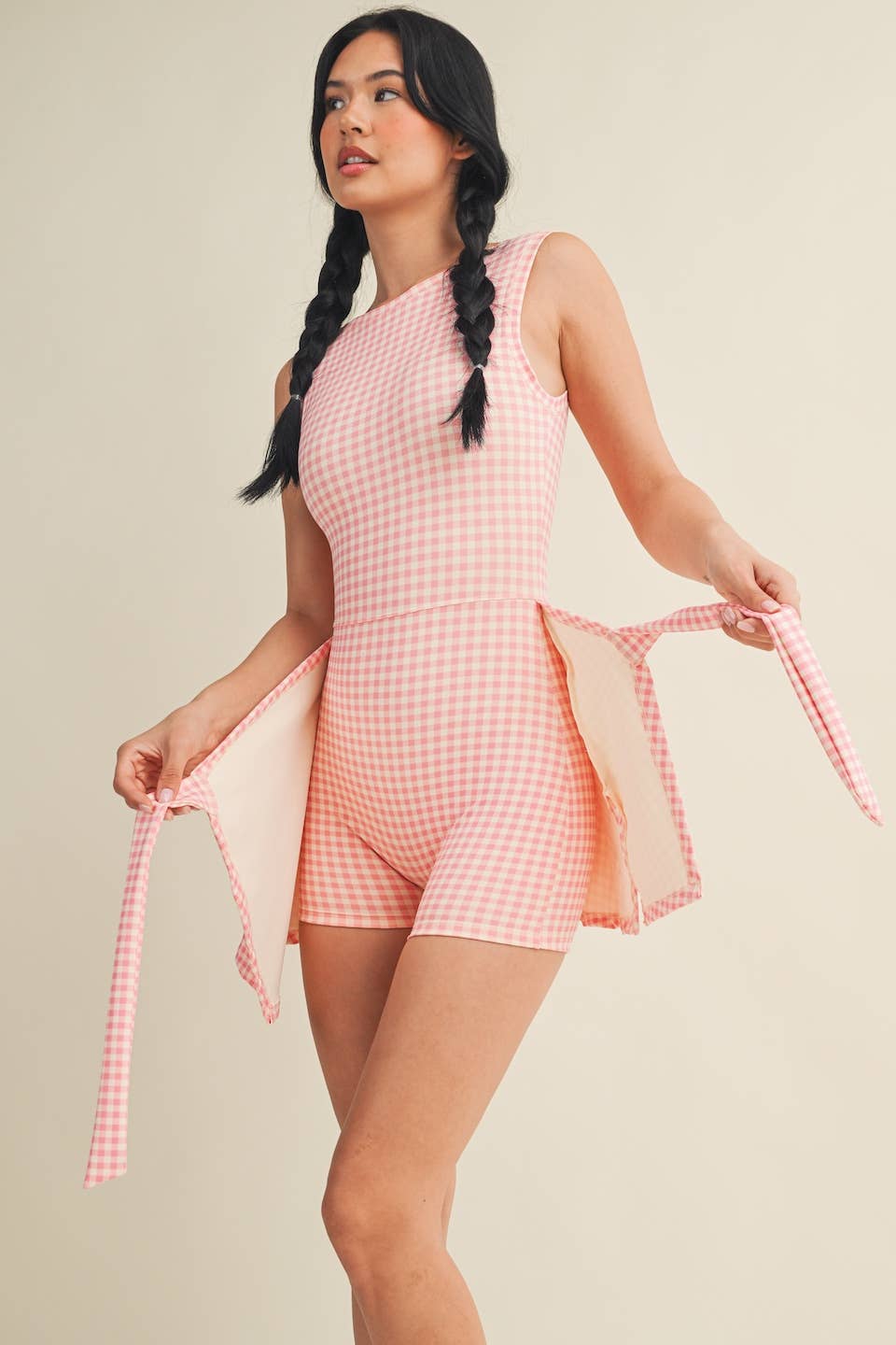 Gingham Print Sleeveless Wrap Tie Front Dress : Pink Gingham/ L