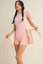 Gingham Print Sleeveless Wrap Tie Front Dress : Pink Gingham / M