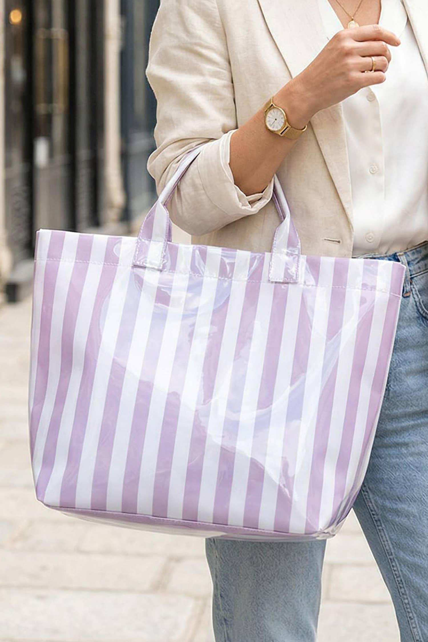Glossy Striped Large Tote Bag: Blue Pink Stripe