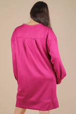 Round Neck Oversized Comfy Long Sleeve Mini Dress: MAGENTA