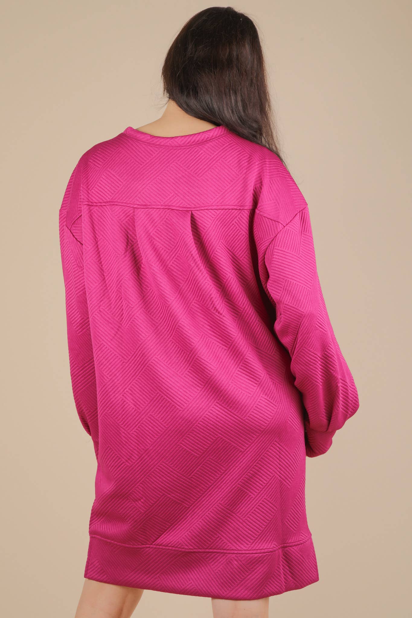 Round Neck Oversized Comfy Long Sleeve Mini Dress: MAGENTA