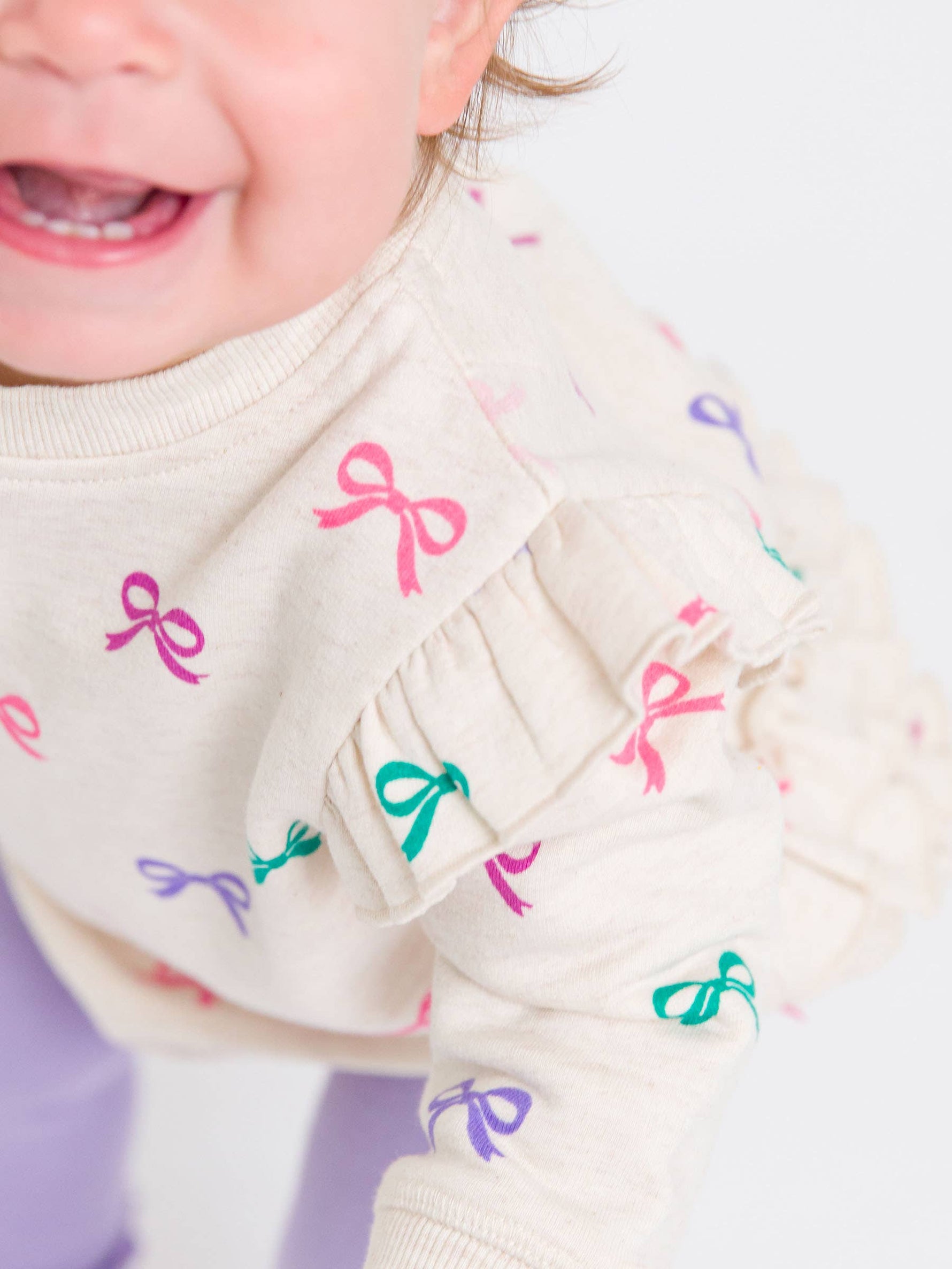 Baby Girls Heather Oatmeal Ribbons Sweatshirt Bubble Romper: Off-White / 6-12m