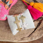 Hammered Sideways Cross Bracelet in Worn Silver Gold Tone Boho Style: Worn Silver and Gold Tones