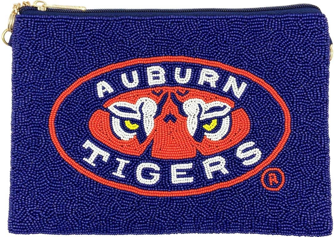 AUBURN TIGERS ZIPPER TOP BEADED CROSSBODY BAG