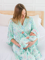 SoftSnooze™ Baby Girls Bamboo Viscose Mint Meadow Ruffle Knotted Sleep Gown & Bow Hat Set: Green / Newborn-3m