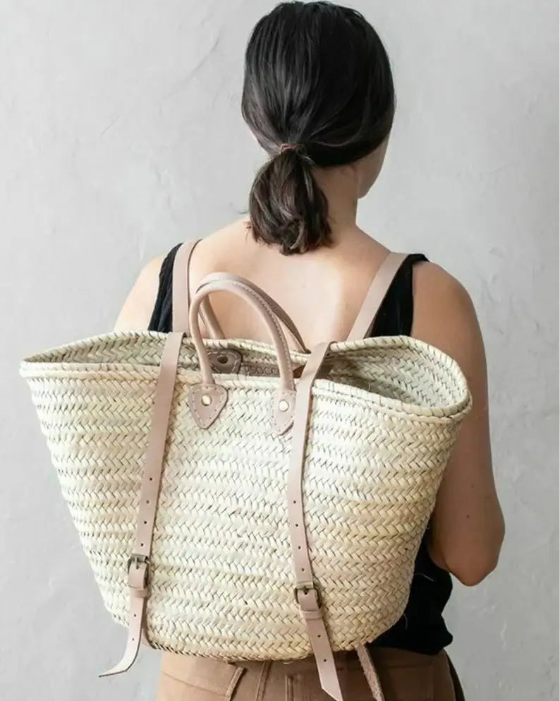 STRAW BAG Handmade leather, French Market Basket Backpack: Natural