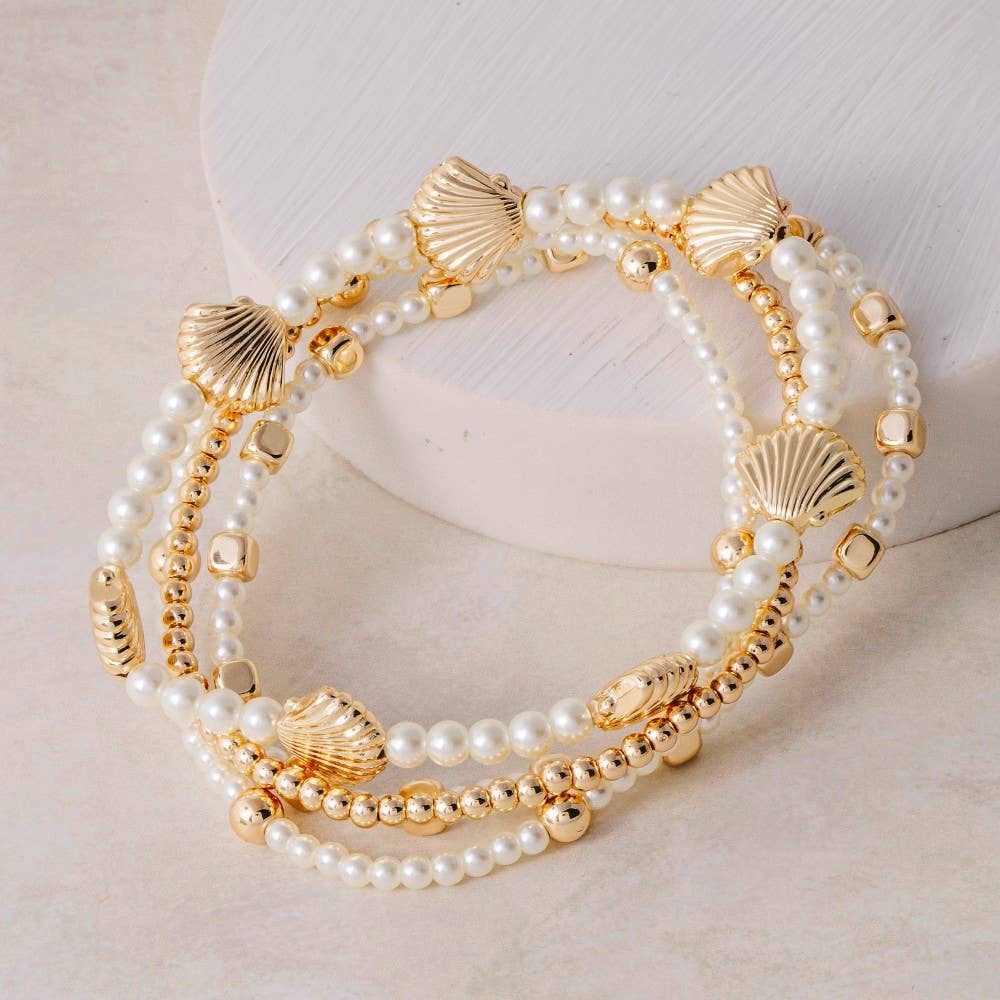 Pearl Beaded And Seashell Charms Stretch Bracelet Set