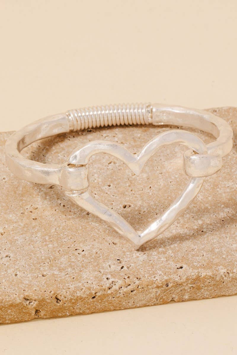Hammered Gold Heart Coil Spring Hook Bangle Bracelet