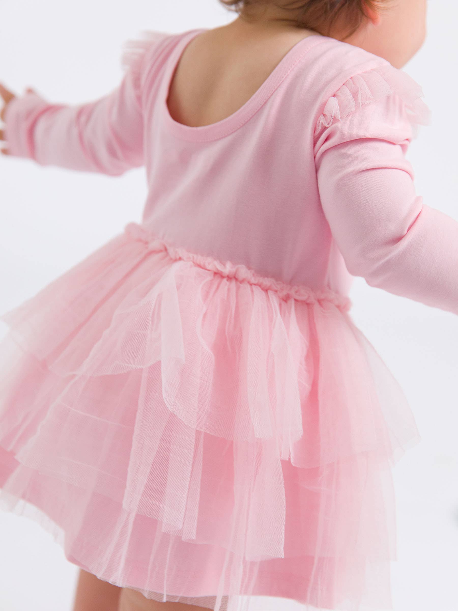 Baby Girls Pink Flutter Tulle Long Sleeve Twirl Romper: Pink / 6-12m