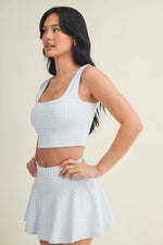 Gingham Print Crop Tank with Lace Trim: Blue Gingham / S