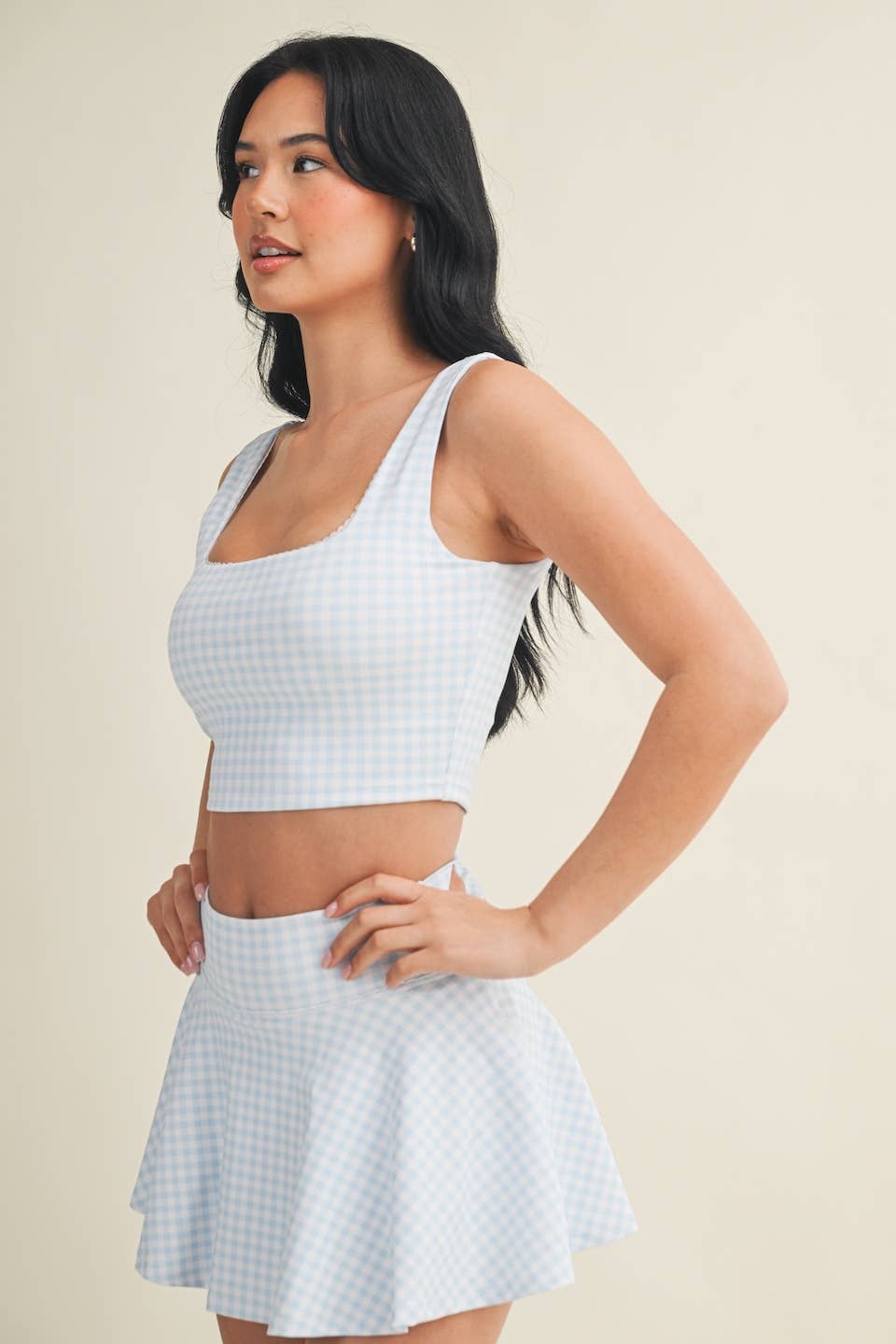Gingham Print Crop Tank with Lace Trim: Blue Gingham / S