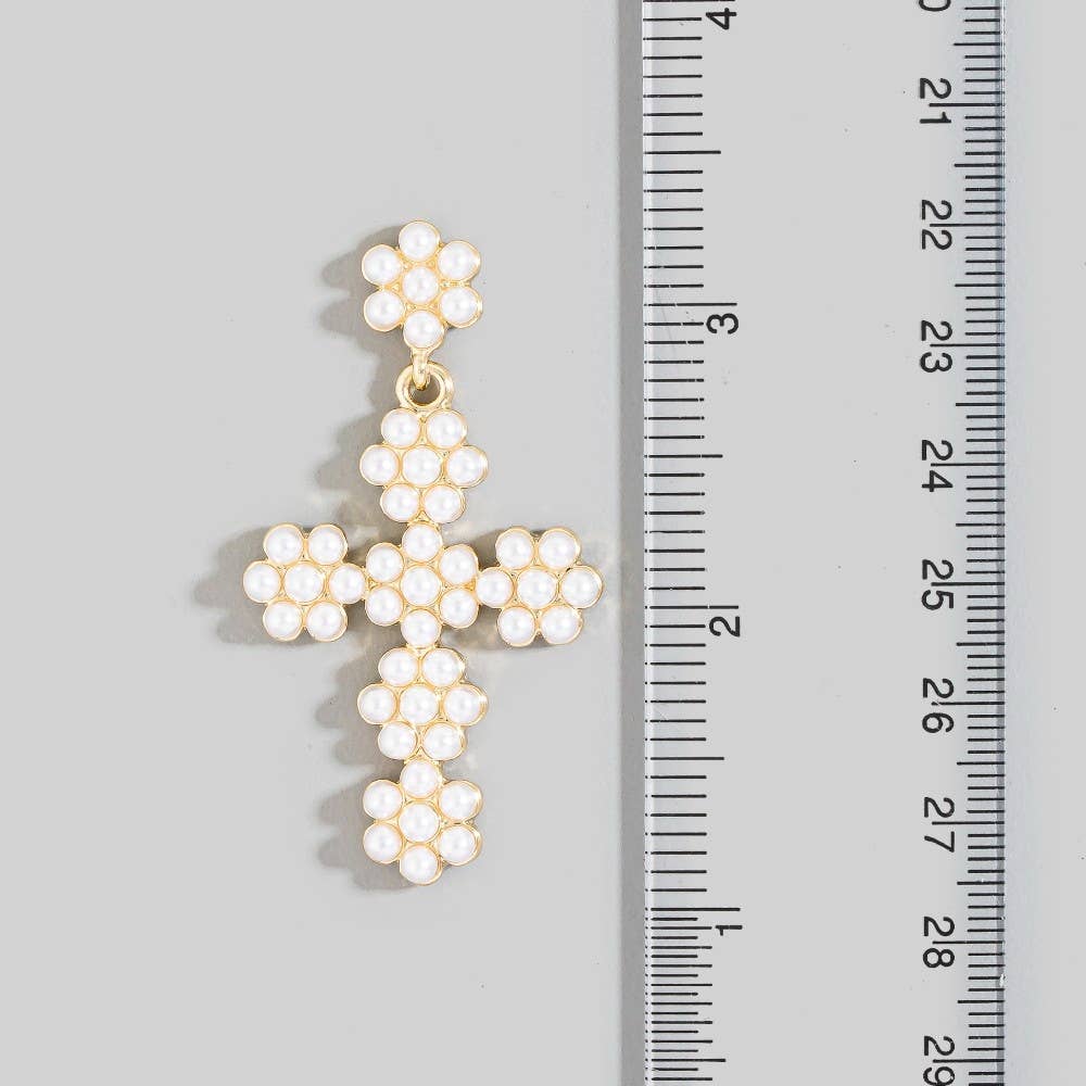 Pearl Beaded Cross Drop Earrings