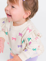 Baby Girls Heather Oatmeal Ribbons Sweatshirt Bubble Romper: Off-White / 3-6m