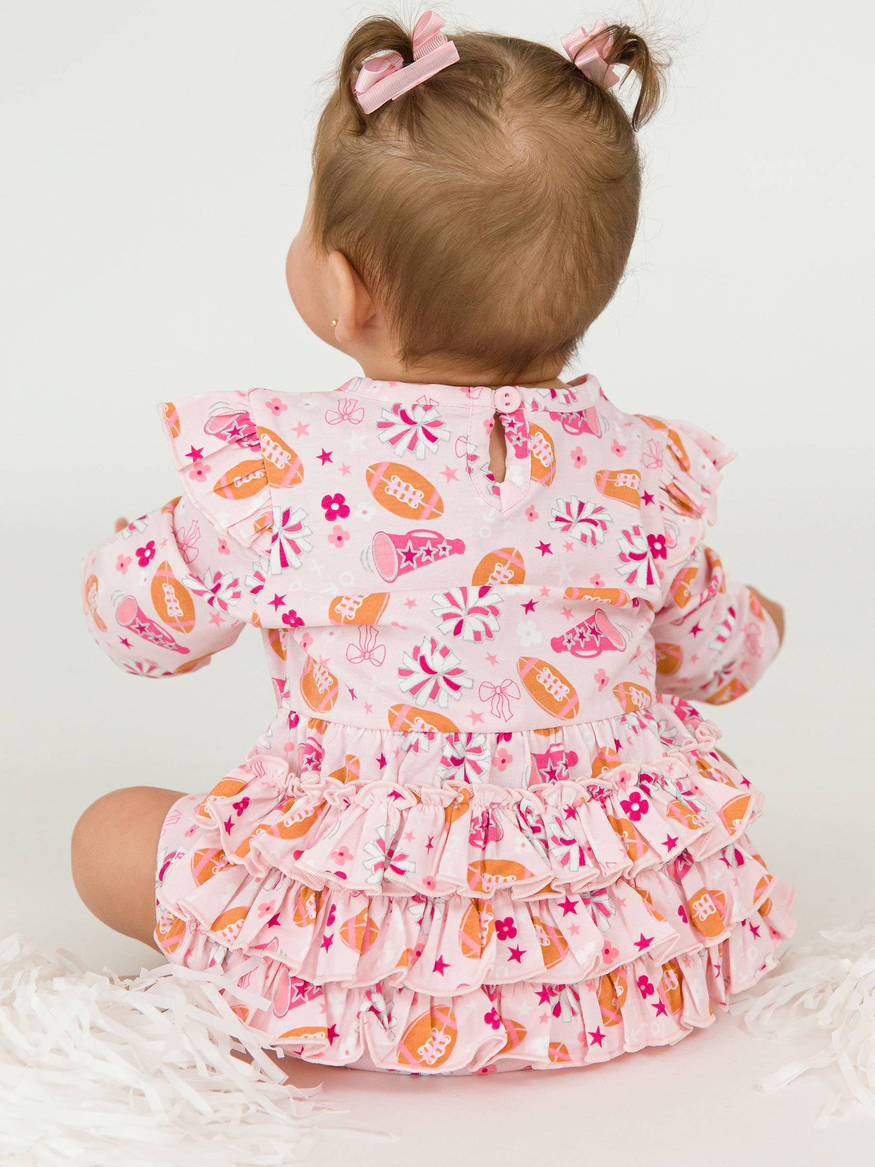 Baby Girls Spirit Squad Football Knit Long Sleeve Flutter Bubble Romper: Pink / 12-18m