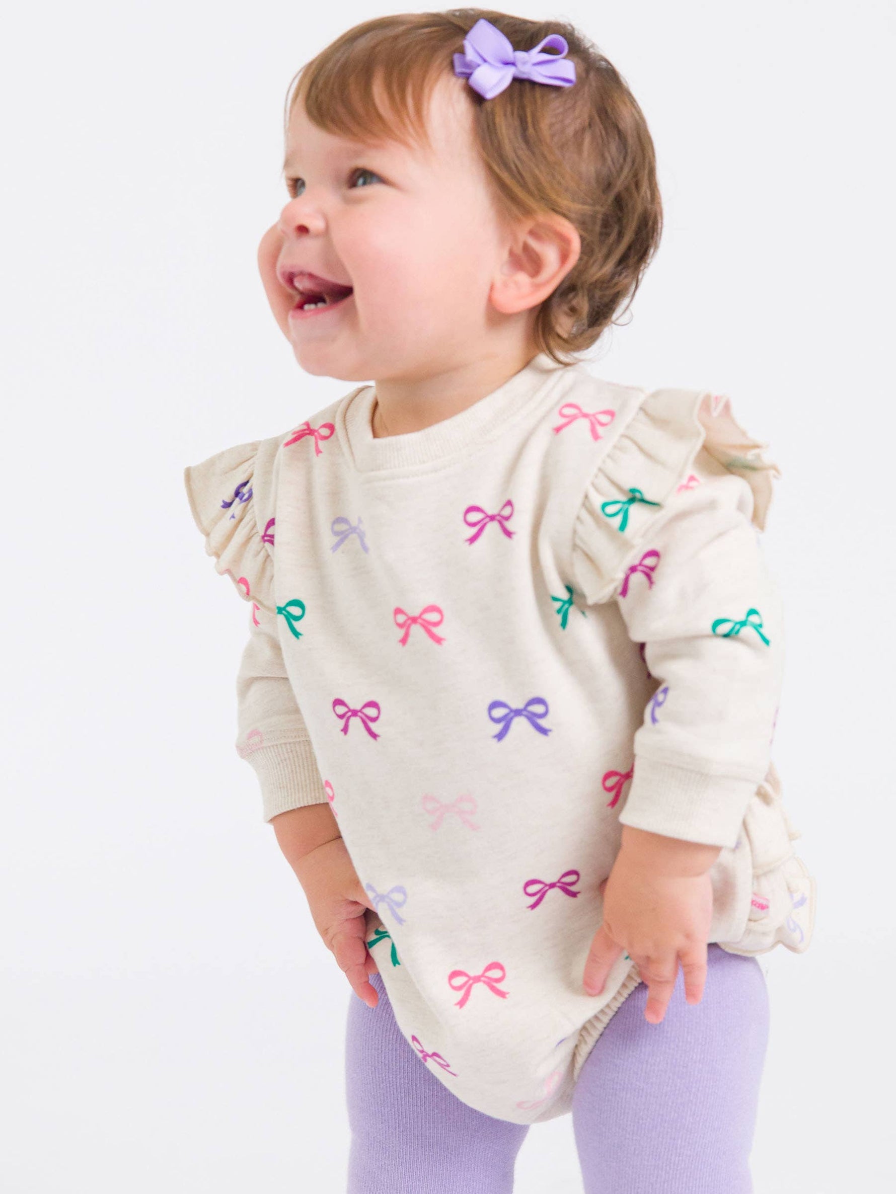 Baby Girls Heather Oatmeal Ribbons Sweatshirt Bubble Romper: Off-White / 6-12m