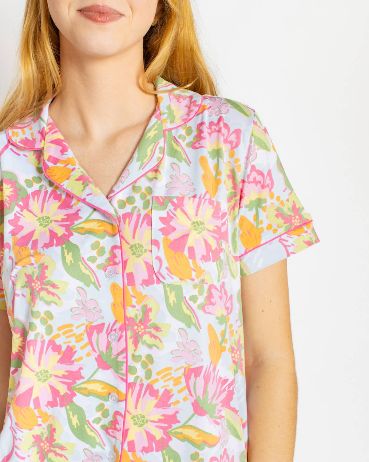 Summer Bouquet Short Sleeve Button Up Sleep Shirt   Pink/Blue/Multi   -Asst.: Medium