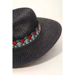 Fan Pattern Strap Straw Fedora Hat in Black