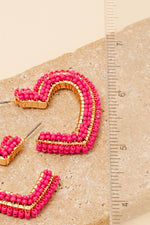 Seed Beaded Heart Hoop Earrings Hot Pink
