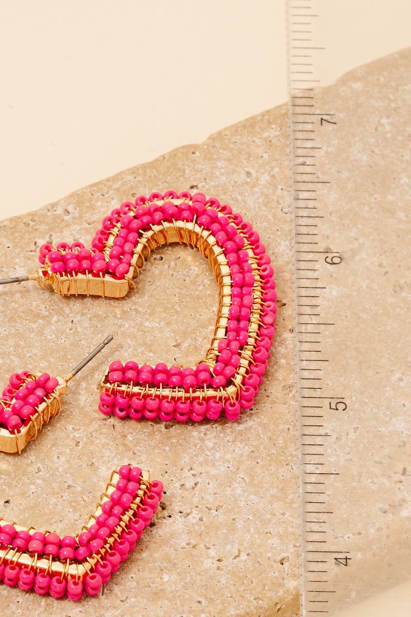 Seed Beaded Heart Hoop Earrings Hot Pink
