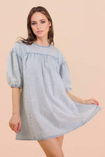 Washed Denim Casual Mini Dress: LT INDIGO