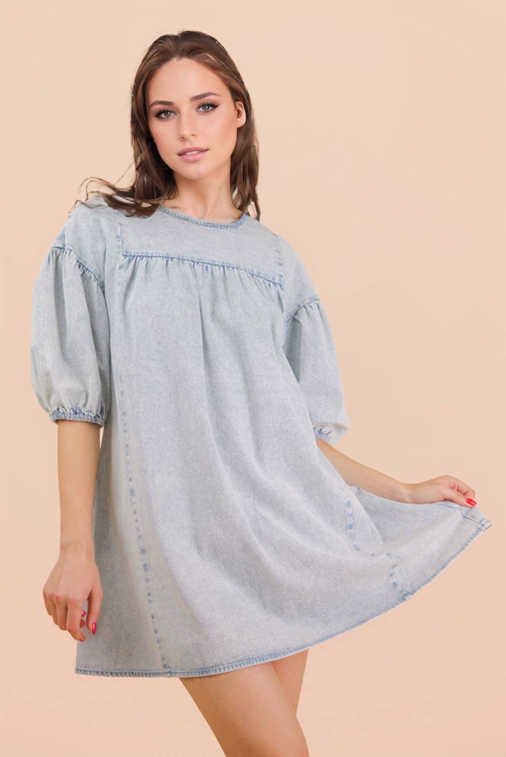 Washed Denim Casual Mini Dress: LT INDIGO