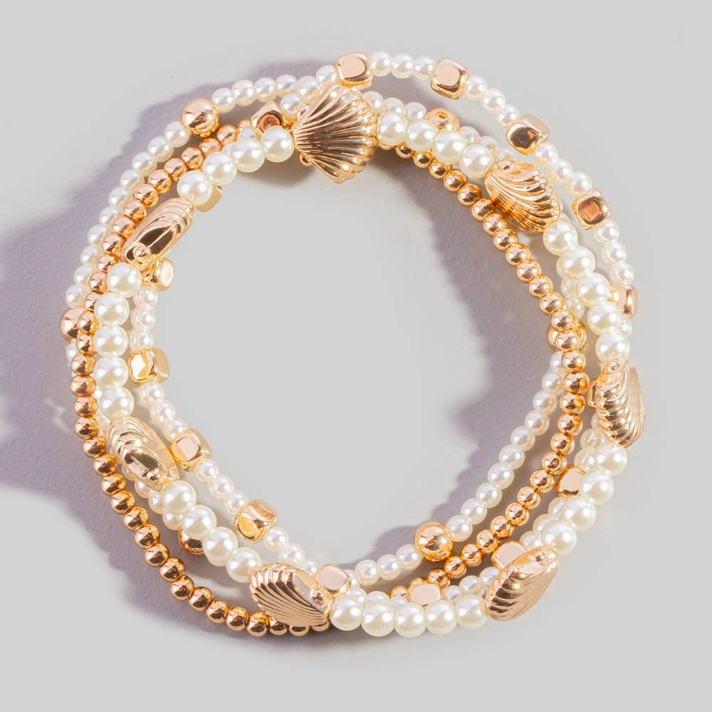 Pearl Beaded And Seashell Charms Stretch Bracelet Set