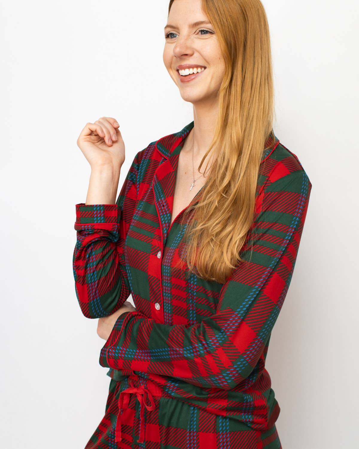 Telluride Plaid Long Sleeve Button Up Sleep Shirt   Dark Green/Red/Blue   -Asst.: Large