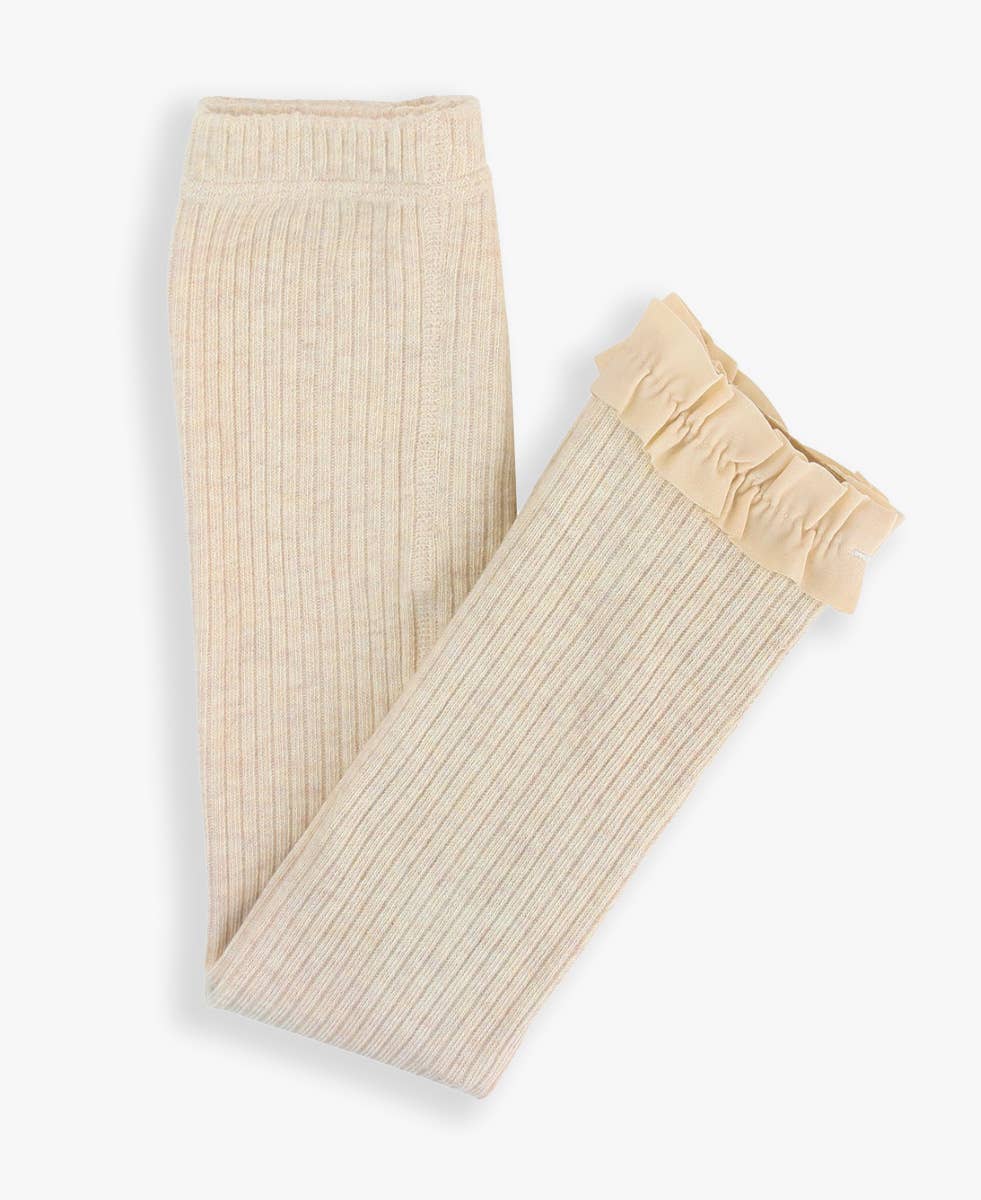 Girls Heather Oatmeal Rib Knit Footless Ruffled Tights: Off-White / 6-12M
