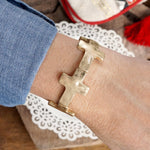 Hammered Sideways Cross Bracelet in Worn Silver Gold Tone Boho Style: Worn Silver and Gold Tones